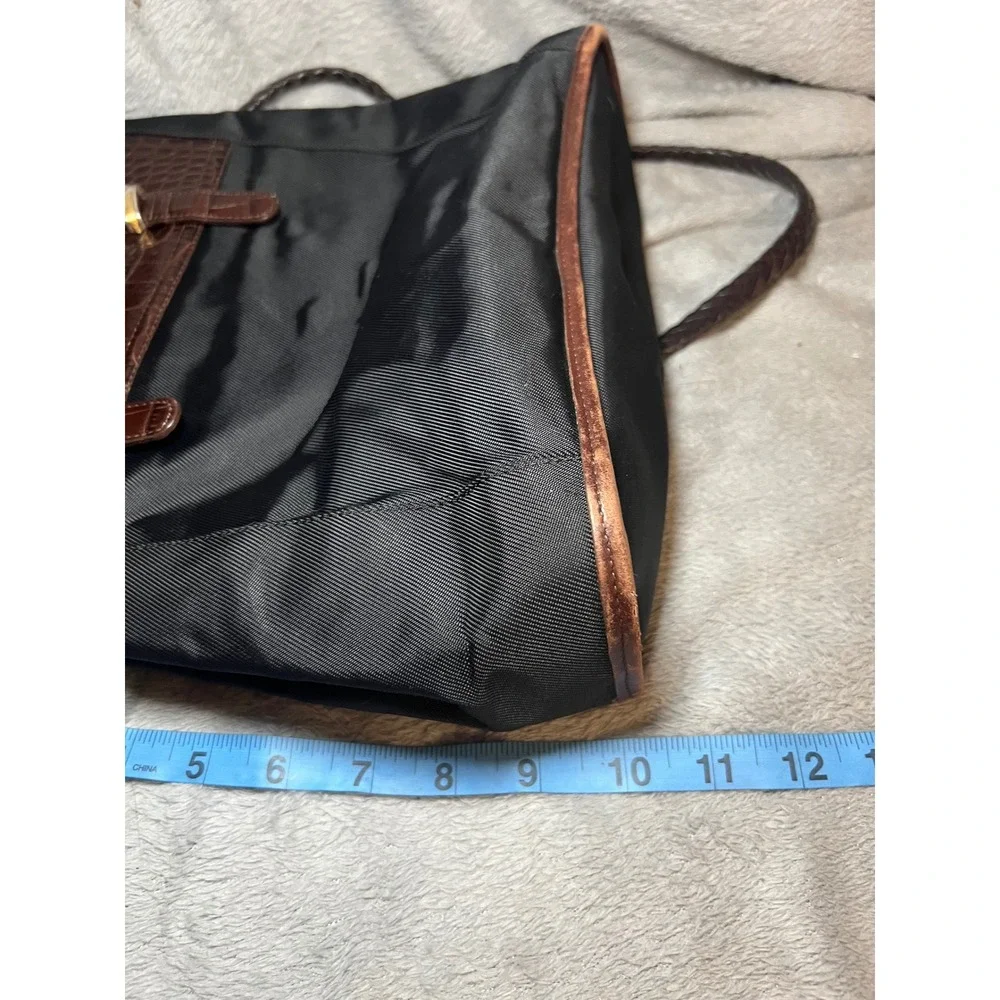 Brighton Black Nylon Brown Croc Embossed Leather Tote Shoulder Bag Braided Strap